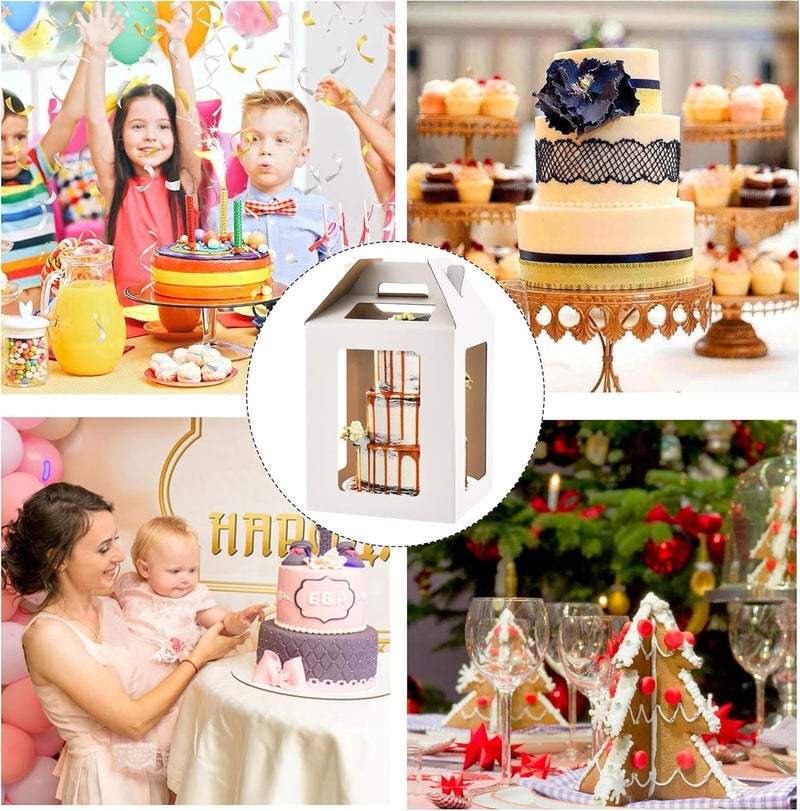 WINHPH صندوق كعكة طويل مع نوافذ، 10x10x12 و 12x12x14 بوصة، صناديق كعكة كبيرة متعددة الطبقات، مجموعة حاملة كعكة لحفظ كعكات 10 و 12 بوصة، بيضاء، عبوة 2 - Image 5